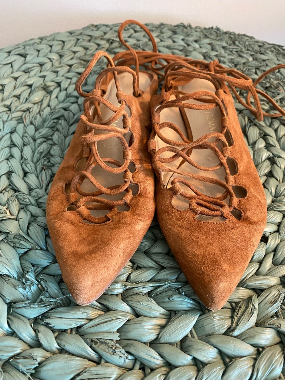 Stuart Weitzman Lace-Up Pointed Flats - Rust Brown Suede